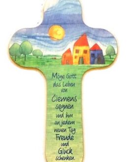 Holzkreuz mit Namen im Gebetsspruch - Motiv Dorf