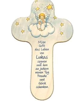 Holzkreuz mit Namen im Gebetsspruch - Motiv Engel auf Wolke blau