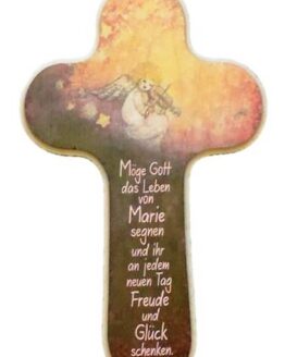 Holzkreuz mit Namen im Gebetsspruch - Motiv Engel mit Geige